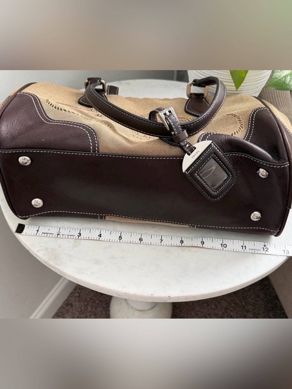 Prada Beige and Dark Brown Canvas Leather Satchel Vintage - Picture 9 of 10